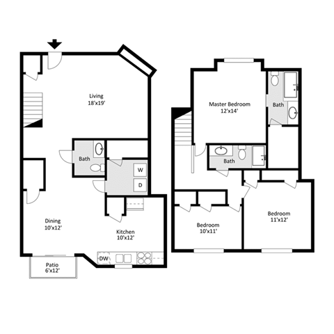 Floor plan for 3 beds, 2 baths, 1285 sqft